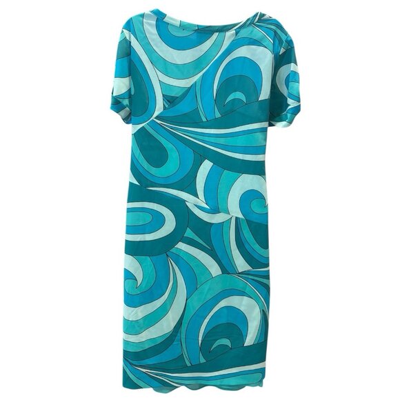 Donna Morgan Size 6 Swirl Print Dress | Turquoise Teal Blue | Belted Psychedelic - Picture 6 of 6